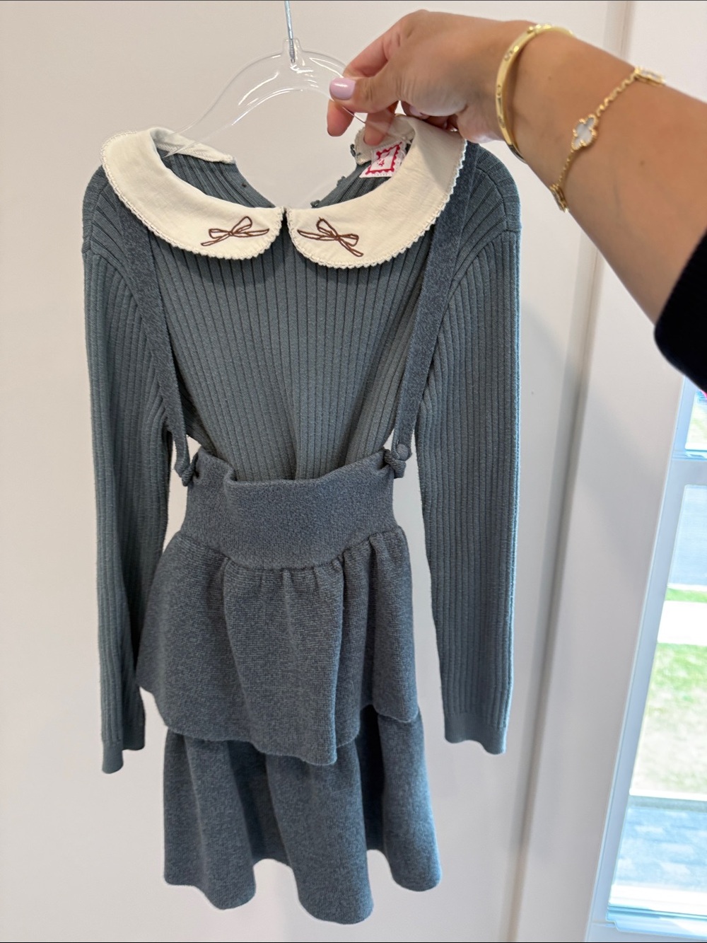 1984 Girls Knit Suspender Dress Set with Cream Peter Pan Collar
